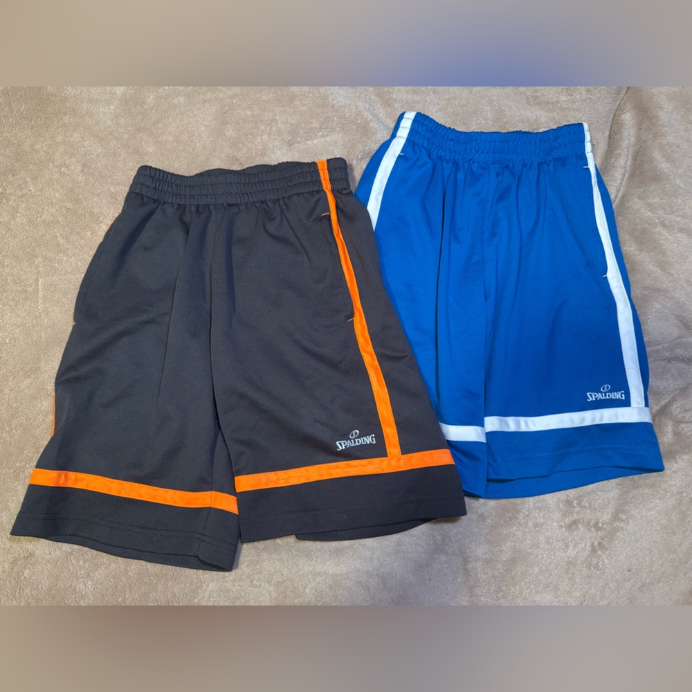 Spalding Boys Athletic Shorts - Blue and Black with Orange Accents